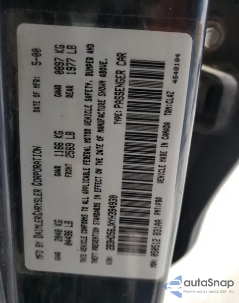 2000 Dodge Intrepid Es z USA, uszkodzony, nr VIN 2B3HD56JXYH394930